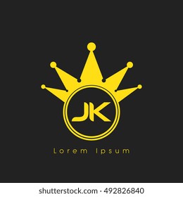 Logo letters J and K yellow crowned. Crown logotype design template on black background
