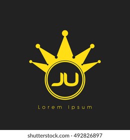 Logo letters J and U yellow crowned. Crown logotype design template on black background