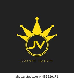 Logo letters J and V yellow crowned. Crown logotype design template on black background