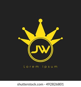 Logo letters J and W yellow crowned. Crown logotype design template on black background