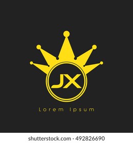 Logo letters J and X yellow crowned. Crown logotype design template on black background