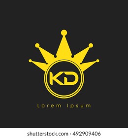 Logo letters K and D yellow crowned. Crown logotype design template on black background