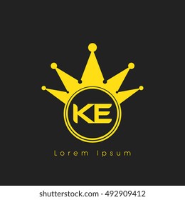 Logo letters K and E yellow crowned. Crown logotype design template on black background