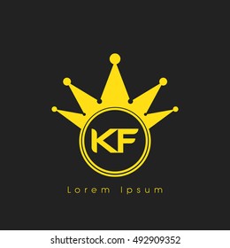 Logo letters K and F yellow crowned. Crown logotype design template on black background