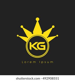 Logo letters K and G yellow crowned. Crown logotype design template on black background