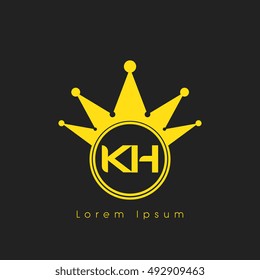 Logo letters K and H yellow crowned. Crown logotype design template on black background