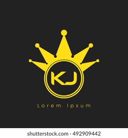 Logo letters K and J yellow crowned. Crown logotype design template on black background
