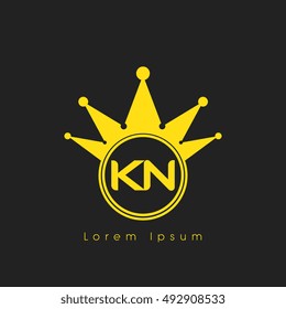 Logo letters K and N yellow crowned. Crown logotype design template on black background