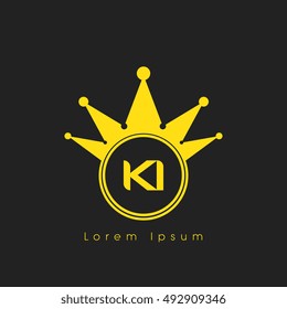 Logo letters K and I yellow crowned. Crown logotype design template on black background