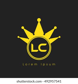 Logo letters L and C yellow crowned. Crown logotype design template on black background