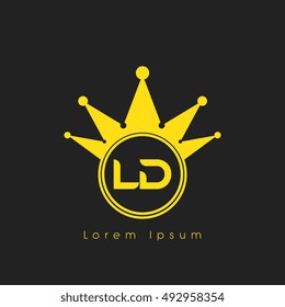 Logo letters L and D yellow crowned. Crown logotype design template on black background
