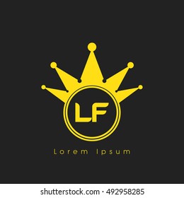 Logo letters L and F yellow crowned. Crown logotype design template on black background