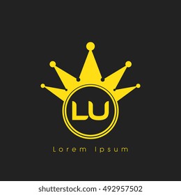 Logo letters L and U yellow crowned. Crown logotype design template on black background