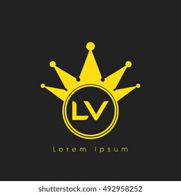 Logo letters L and V yellow crowned. Crown logotype design template on black background
