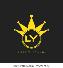 Logo letters L and Y yellow crowned. Crown logotype design template on black background