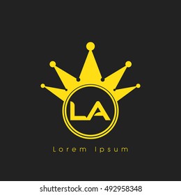 Logo letters L and A yellow crowned. Crown logotype design template on black background