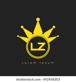Logo letters L and Z yellow crowned. Crown logotype design template on black background