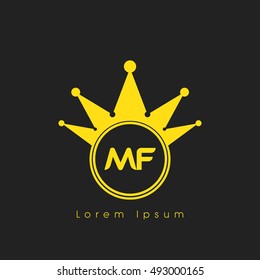 Logo letters M and F yellow crowned. Crown logotype design template on black background