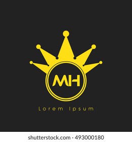 Logo letters M and H yellow crowned. Crown logotype design template on black background