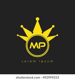 Logo letters M and P yellow crowned. Crown logotype design template on black background