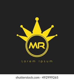 Logo letters M and R yellow crowned. Crown logotype design template on black background