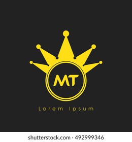 Logo letters M and T yellow crowned. Crown logotype design template on black background