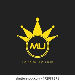 Logo letters M and U yellow crowned. Crown logotype design template on black background