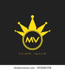 Logo letters M and V yellow crowned. Crown logotype design template on black background