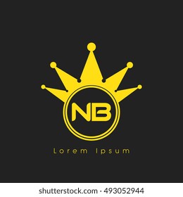 Logo letters N and B yellow crowned. Crown logotype design template on black background