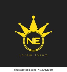 Logo letters N and E yellow crowned. Crown logotype design template on black background