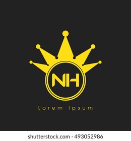 Logo letters N and H yellow crowned. Crown logotype design template on black background