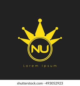 Logo letters N and U yellow crowned. Crown logotype design template on black background
