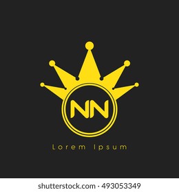 Logo letters N and N yellow crowned. Crown logotype design template on black background