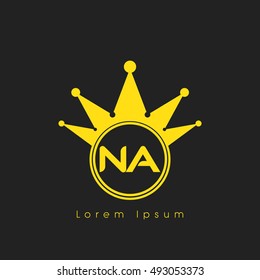 Logo letters N and A yellow crowned. Crown logotype design template on black background