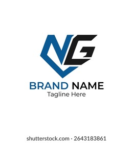 A logo with the letters ng in blue and black with the words brand name and tagline here below it