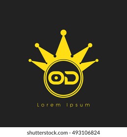 Logo letters O and D yellow crowned. Crown logotype design template on black background