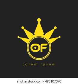 Logo letters O and F yellow crowned. Crown logotype design template on black background