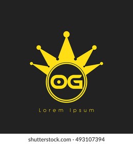 Logo letters O and G yellow crowned. Crown logotype design template on black background