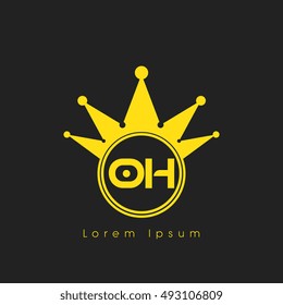 Logo letters O and H yellow crowned. Crown logotype design template on black background