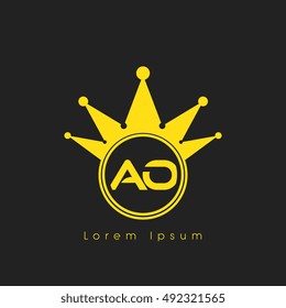 Logo letters A and O yellow crowned. Crown logotype design template on black background