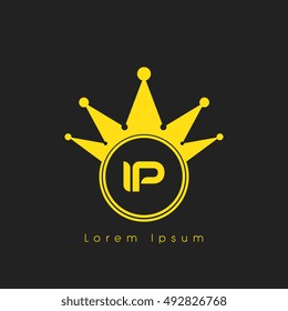 Logo letters I and P yellow crowned. Crown logotype design template on black background