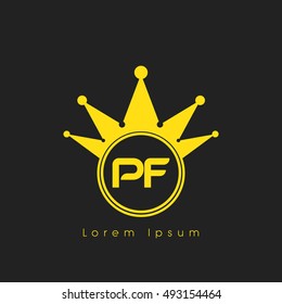 Logo letters P and  yellow crowned. Crown logotype design template on black background