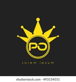 Logo letters P and  yellow crowned. Crown logotype design template on black background