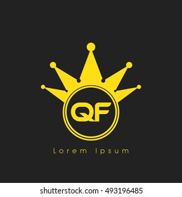 Logo letters Q and F yellow crowned. Crown logotype design template on black background