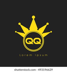 Logo letters Q and Q yellow crowned. Crown logotype design template on black background