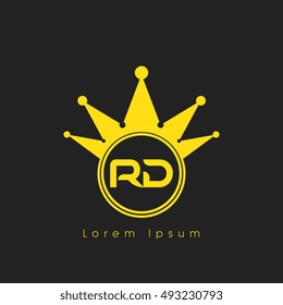 Logo letters R and D yellow crowned. Crown logotype design template on black background