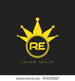 Logo letters R and E yellow crowned. Crown logotype design template on black background
