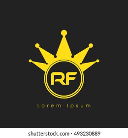 Logo letters R and F yellow crowned. Crown logotype design template on black background