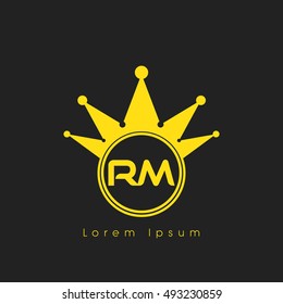 Logo letters R and M yellow crowned. Crown logotype design template on black background