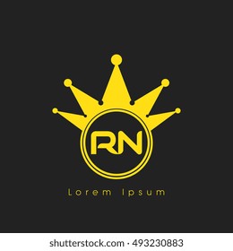 Logo letters R and N yellow crowned. Crown logotype design template on black background